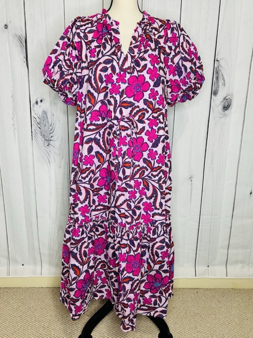 SUGARLIPS Maxi Dress Sz M Pink Floral Tiered Tie Waist V-Neck Puff Sleeve